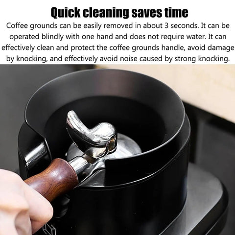 Effortless Electric Portafilter Cleaner Ditches The Messy Scrub And Kicks Out Stale Coffee Grounds In Seconds, showing quick coffee grounds removal.