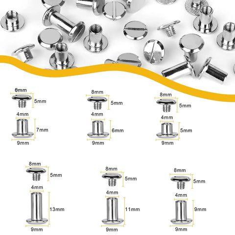 Real Slick Silver Chicago Binding Screws One Hundred Twenty Piece Heavy Duty Rivet Set Built Tough For Leather Craft showing assorted sizes.