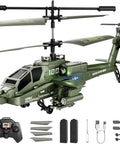 RC Helicopter For Beginners With Altitude Hold Gyro Stabilization And LED Lights, Kid Friendly Remote Control Toy With 2 Batteries And USB C Charging, Totally Beginner Friendly Gift For Boys Ages 8 To 12, Green, shown with remote, batteries, and USB-C charger.