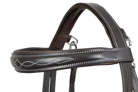 English Dressage Fancy Stitch Brown Leather Flash Bridle with padded crown and detailed stitching, full-grain leather