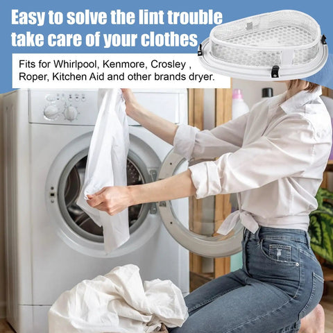 Woman using Lint Filter Screen Replacement W10828351 For Dryer Models 8531964 And 8531967 next to open dryer