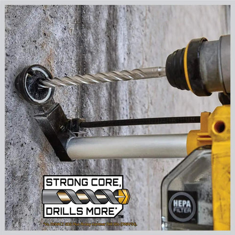 SDS Max Hammer Drill Bit Rock Carbide Half Inch By 16 Inch By 18 Inch for concrete drilling in action against a wall.