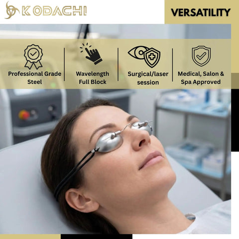 Top Tier Stainless Steel Safety Eyewear With A Snug Adjustable Elastic Head Strap Delivering Heavy Duty Occupational Eye Protection And Kickass Reusable Oval Lens Guarding For Everyday Job Sites worn by a woman during a spa treatment.