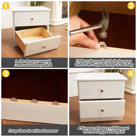 Instructions for Heavy Duty Metal Drawer Stops For Dresser Track Guide Glides 24 Pack installation on drawers.