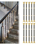 Built Heavy Adjustable Black Aluminum Stair Railing Spindles And Deck Balusters With No Stress Ground Mount for stairs with gold accents.
