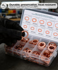 Copper Washers Set 200 Pcs Assortment DIY Ready For Engine Seals And Gaskets displayed in a plastic case