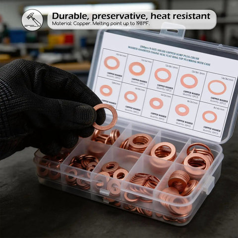 Copper Washers Set 200 Pcs Assortment DIY Ready For Engine Seals And Gaskets displayed in a plastic case