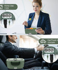 Woman using Hot On The Go Electric Lunch Box For Adults at desk, and man using it in car with 12V/24V plug option visible.