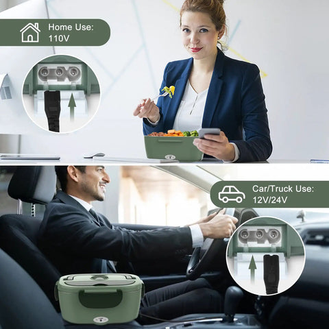 Woman using Hot On The Go Electric Lunch Box For Adults at desk, and man using it in car with 12V/24V plug option visible.