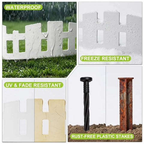 No Dig Plastic Garden Edging Border Kit demonstrating waterproof, freeze resistant, UV fade resistant, rust-free features