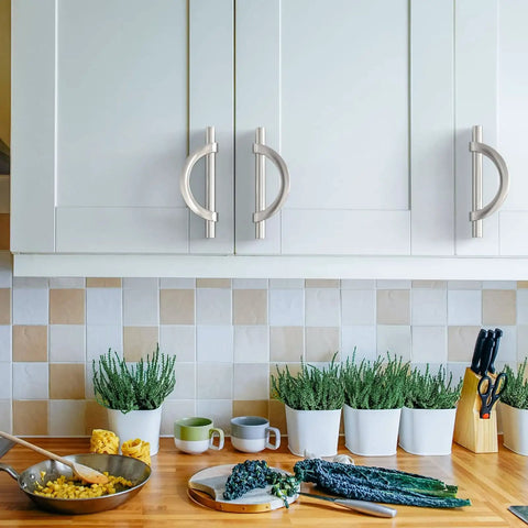 Installed view of 10 Pack Brushed Satin Nickel Cabinet Pulls 3.75 Inch Hole Centers Easy Install Kitchen Cabinet Handles on white cabinets