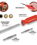 Hella Grippy Heavy Duty Red Handle Six In One Quick Change Multi Bit Screwdriver With Dual Nut Drivers And Phillips Bits For Serious Garage Day Grind showing bits and tool details.