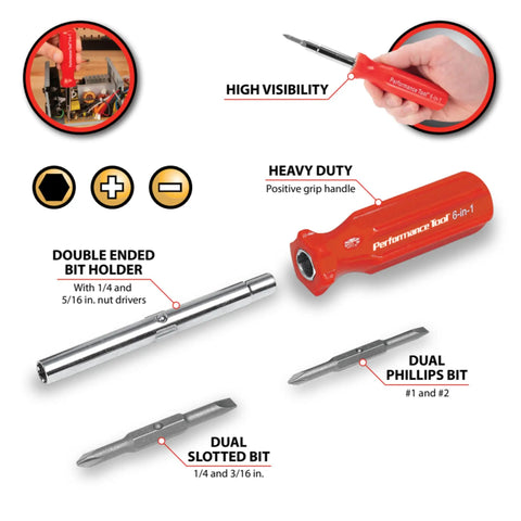 Hella Grippy Heavy Duty Red Handle Six In One Quick Change Multi Bit Screwdriver With Dual Nut Drivers And Phillips Bits For Serious Garage Day Grind showing bits and tool details.