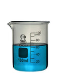 Heavy Wall Borosilicate Glass Beaker Set Go To Five Piece Lab Gear 50ml 100ml 250ml 500ml 1000ml Low Form Graduated Beakers With Pouring Spout Durable Glassware For Chemistry Class And Research. 100ml beaker with blue liquid and clear graduations