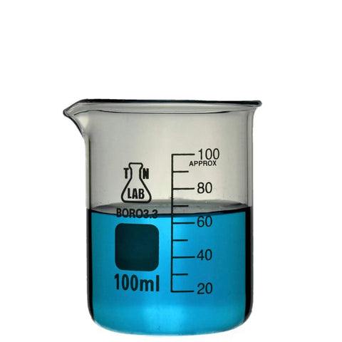 Heavy Wall Borosilicate Glass Beaker Set Go To Five Piece Lab Gear 50ml 100ml 250ml 500ml 1000ml Low Form Graduated Beakers With Pouring Spout Durable Glassware For Chemistry Class And Research. 100ml beaker with blue liquid and clear graduations