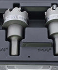 IDEAL 4-piece carbide hole saw kit with smooth-start pilot bit in a carry case (sizes 1-3/8, 1-1/4, 7/8 in).