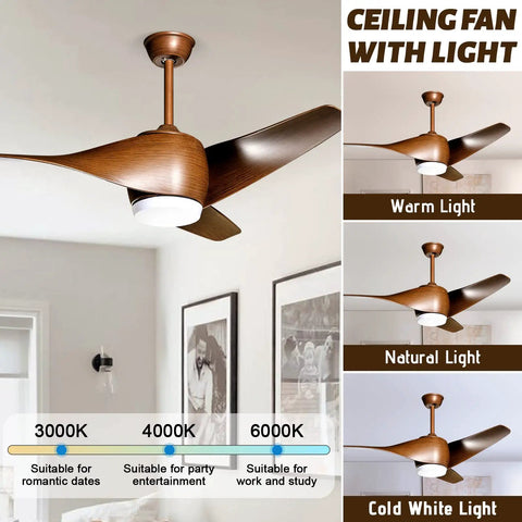 52 Inch Ceiling Fan With Lights And Remote 3 Blade Modern Quiet Reversible Ceiling Fan For Patio Living Room And Bedroom Sleek Brown Blade Design Easy Style Upgrade For Any Space showing light color options