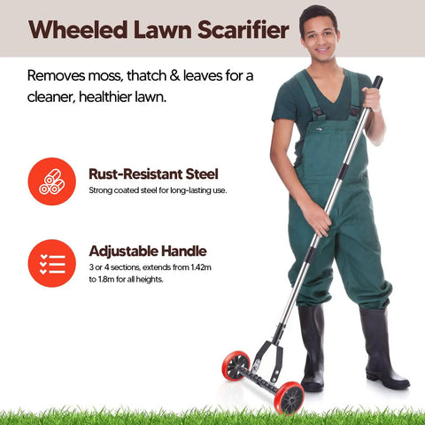 Person holding Labor Saving No Fuss Lawn Dethatcher With Wheels Roller Rake For Lawn Care Durable Stainless Steel Blades And Tines