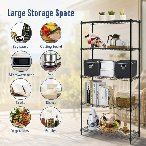 Rock Solid Five Tier Heavy Duty Wire Shelving Unit With Adjustable Metal Storage Shelves For Garage Closet Pantry, Black Corrosion Resistant Rack Holds Two Hundred Fifty Pounds Per Shelf Built To Last