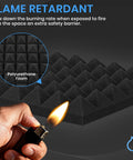 Legit Badass High Density Pyramid Soundproof Foam Panels For Walls 52 Pack 12X12X2 demonstrating flame retardant properties.
