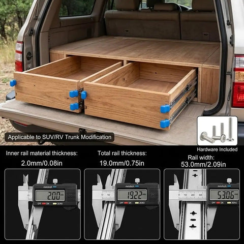 Beefed Up Heavy Duty Full Extension Drawer Slides Set for Cabinets and RVs side mount ball bearing rails in SUV trunk