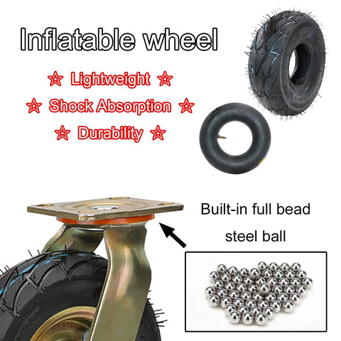 Set Of Two Heavy Duty Rubber Caster Wheels With Brakes Built Tough Industrial Trolley Casters For Workbenches Furniture showing inflatable wheel and steel ball details.