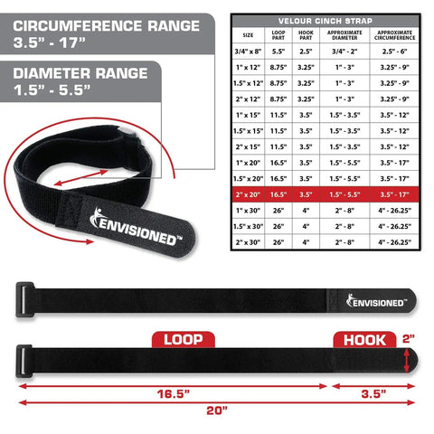 Soft Velour Cinch Straps 2 Inch By 20 Inch Pack Of 6 With Reusable Hook And Loop, showing dimensions and material details.