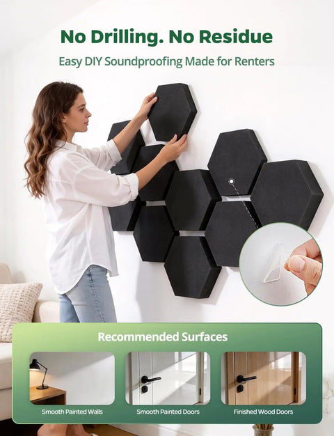 Professional Grade MLV Backed Dual Thickness Sound Proof Foam Panels Hexagon Acoustic Wall Tiles being installed on a wall.