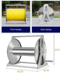 Kick Clutter Outdoors Forever With This Heavy Duty Stainless Steel Garden Hose Reel Wall Mount showing front and side views.