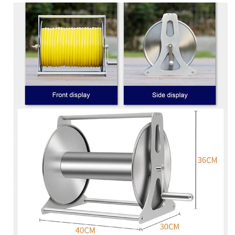 Top Notch Stainless Steel Garden Hose Reel Wall Mount With Swivel Bracket Keeps Your Yard Looking Sharp While Wrapping Up To Two Hundred Sixty Four Feet Of Half Inch Hose And Drops A Slick Spray Wand In Your Hands, featuring a yellow hose in front view and a side view of the stainless reel.
