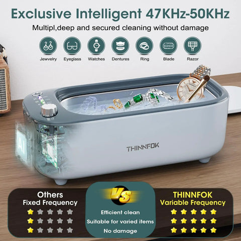 Pro Grade Ultrasonic Jewelry Cleaner With UV Light For A Deep Clean And Variable Frequency 47KHz To 50KHz on a wooden table