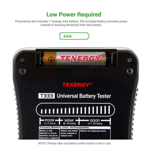 All In One Battery Tester With LCD Display For AA AAA C D 9V And More Handy Cell Checker close-up with Tenergy AAA battery