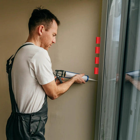 Professional Grade 200 Count Quarter Inch Thick Red Plastic Shims For No Sweat Tile Leveling And Reliable Door Window Gap Filling Designed To Keep Your Home Projects Looking Clean And Dead Nuts Straight Daily being used with caulking tool.