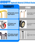 Hydraulic material lift winch stacker by TAOUDUYY; front view showing double-column support and steel-cast wheels.