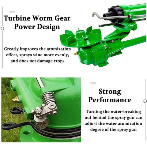 Heavy Duty Farm Irrigation Sprinkler With 360 Degree Spray For Wide Coverage showing turbine worm gear design and controls