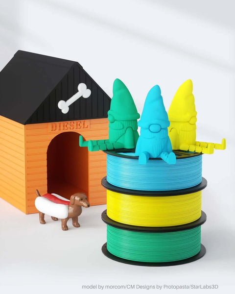Colorful gnome figurines on stacked filament spools beside doghouse, showcasing 3D printing versatility.
