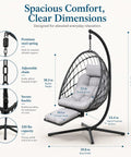 Diagram showing dimensions of Comfy Hanging Egg Chair With Leg Rest And Stand In Gray, Rattan Wicker Swing, heavy duty frame details.