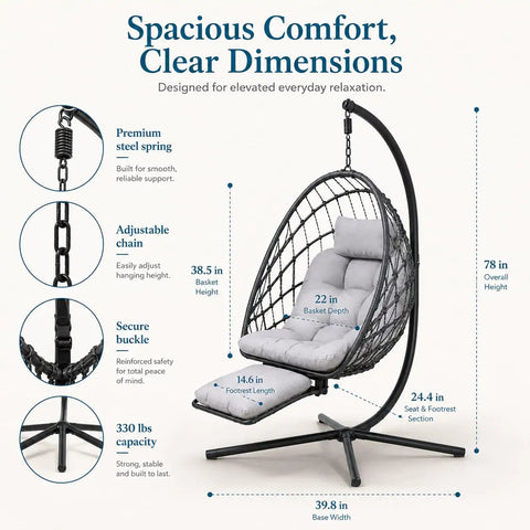 Diagram showing dimensions of Comfy Hanging Egg Chair With Leg Rest And Stand In Gray, Rattan Wicker Swing, heavy duty frame details.