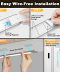 Wireless 126 LED Under Cabinet Lights With Motion Sensor Rechargeable 2500mAh Dimmable Magnetic Light Bar 3 Color Temperatures Ideal For Kitchen Pantry Stairs Dual Pack shown with easy installation steps including strong magnets and adhesive attachment, optional iron surface mounting.
