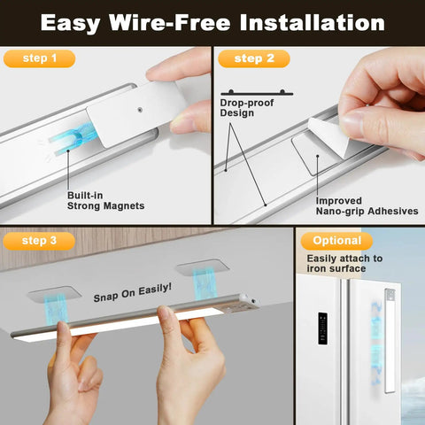 Wireless 126 LED Under Cabinet Lights With Motion Sensor Rechargeable 2500mAh Dimmable Magnetic Light Bar 3 Color Temperatures Ideal For Kitchen Pantry Stairs Dual Pack shown with easy installation steps including strong magnets and adhesive attachment, optional iron surface mounting.