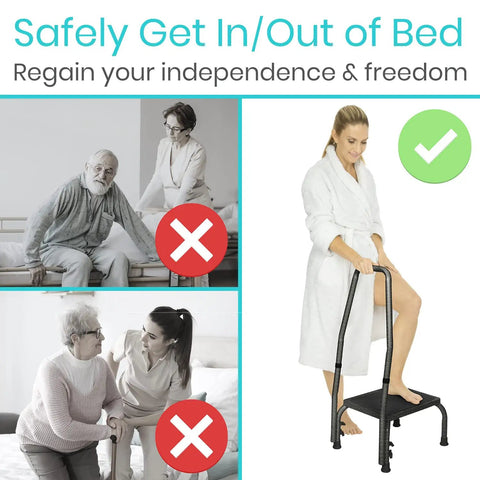 Woman using Step Up Stool With Handy Grip For Seniors And Adults Heavy Duty Bariatric Metal Bedside Bath Stool Up To 300 Pounds Non Slip Platform With Wide Angled Legs For Stable Easy Access, wearing a robe.