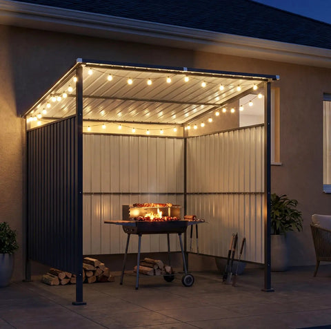 Six By Six Foot Outdoor Shed For Grill Gear And Patio Storage, Open Front Design with barbecue grill, evening setting, lit shelter.