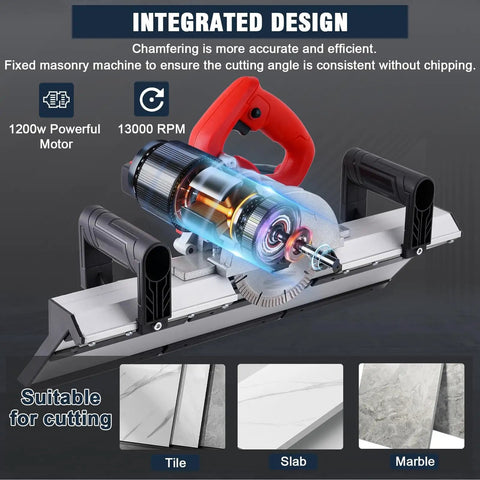 Professional Grade Electric Tile Chamfering Machine With Integrated Water Cooling System For Knockout Forty Three Degree Ceramic Bevel Cuts And Effortless Precision, showcasing powerful motor and cutting blade.