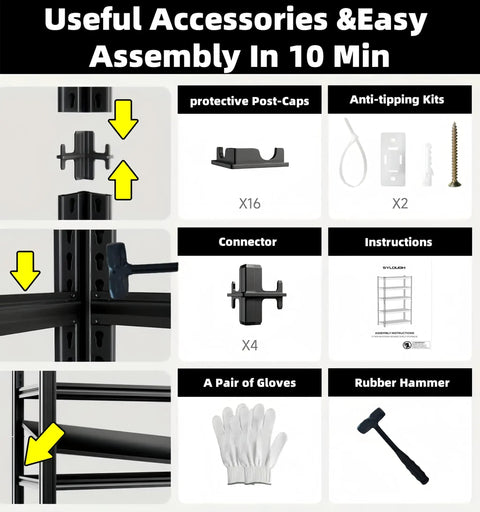 Built Tough 5-Tier Garage Shelving Unit With 5,000 Lbs Total Capacity (1,000 Lbs Per Shelf), Adjustable Steel Shelves For Garage Basement Workshop And Warehouse, 62W X 24D X 72H For Ultimate Tool And Gear Organization, assembly accessories