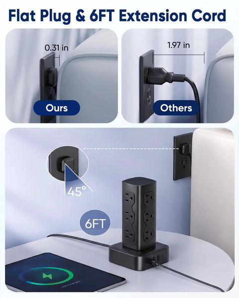Straight Up Essential Heavy Duty Vertical Power Strip Tower With Twelve AC Outlets And Four USB Ports features flat plug and 6ft cord.