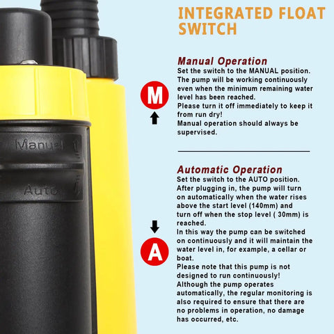 Half HP Submersible Sump Pump 2200 GPH For Clean Or Dirty Water With Built In Automatic On Off Switch control panel view