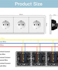 EU Standard Triple Wall Power Outlets 16A Electrical Sockets Five Pack dimensions with wiring connections for installation.