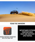 Rugged 8 Inch Touchscreen Powersport GPS Navigator For Off Road SxS Rides with vehicle on desert dunes, IP67 durability shown.