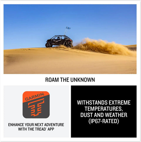 Rugged 8 Inch Touchscreen Powersport GPS Navigator For Off Road SxS Rides with vehicle on desert dunes, IP67 durability shown.