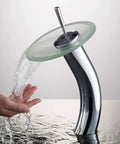 Tall Waterfall Vessel Sink Faucet With Frosted Glass Disk And Pop Up Drain Chrome Finish Next Level Centerpiece For Modern Bathrooms